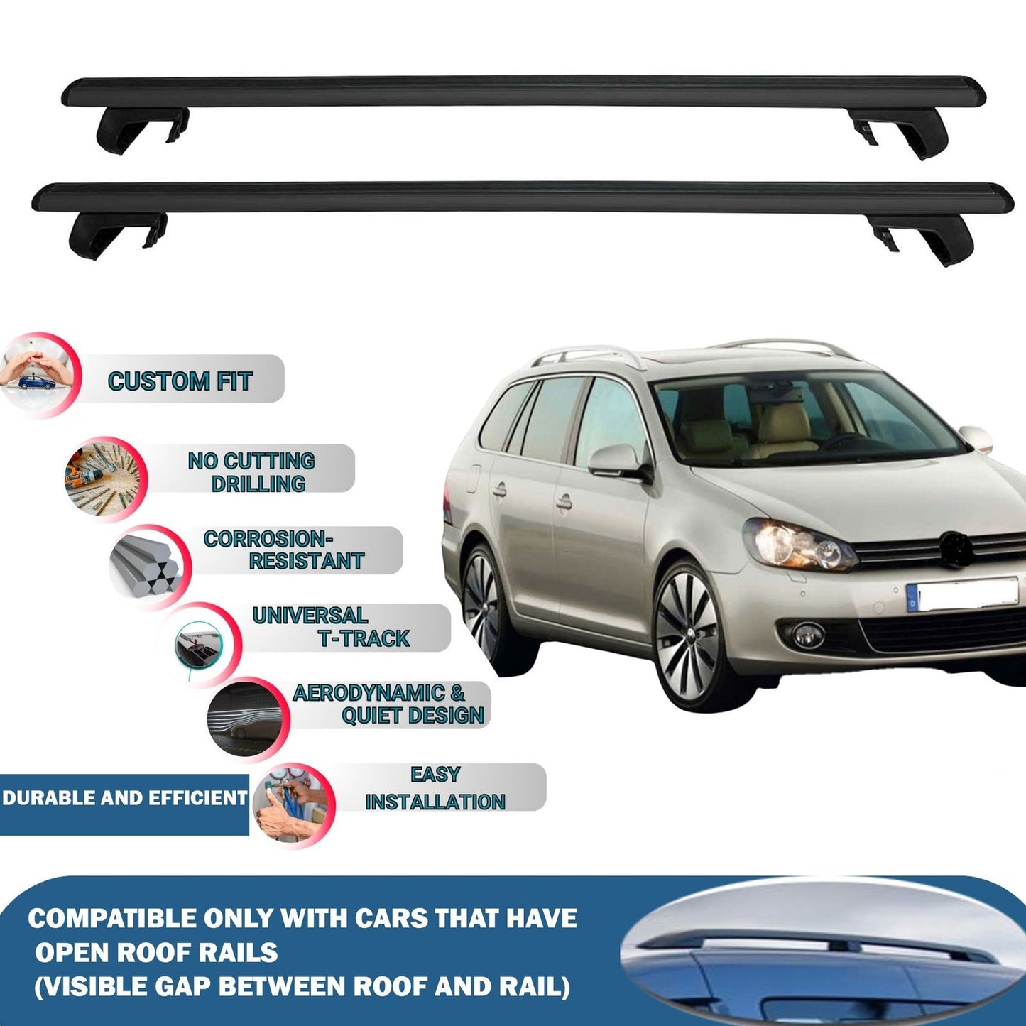 Roof Rack Cross Bars for Volkswagen Golf VI Variant 2009-2013 Rail Carrier for Roof Tents 2 Pcs Black