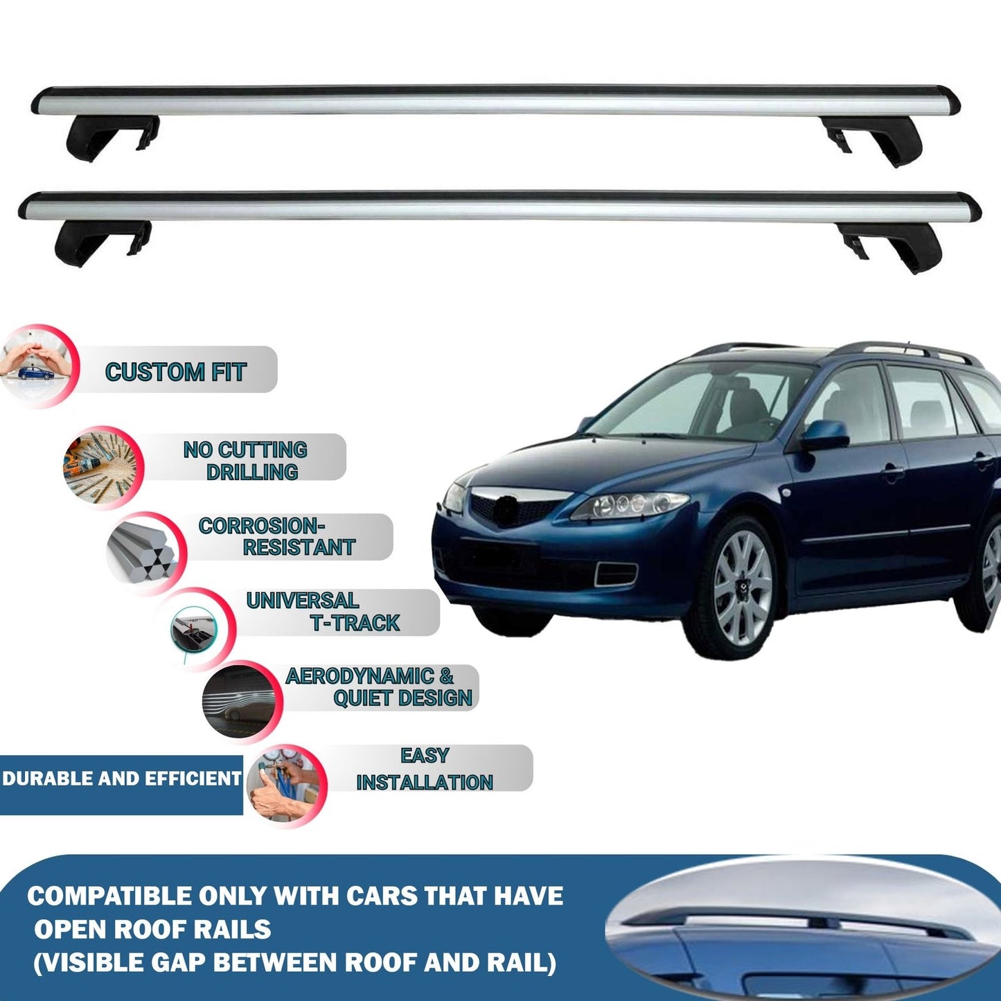Roof Rack Cross Bars for Mazda 6 Gg1 Estate 2002-2007 Rail Carrier for Roof Tents 2 Pcs Grey