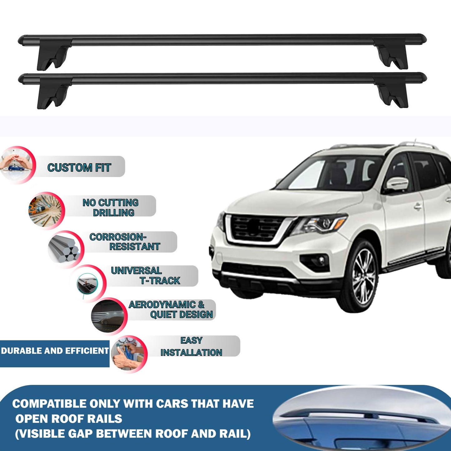 Lockable Roof Rack Cross Bars for Nissan Pathfinder 2013-2020 | Heavy Duty Rail Carrier 2 Pcs Black