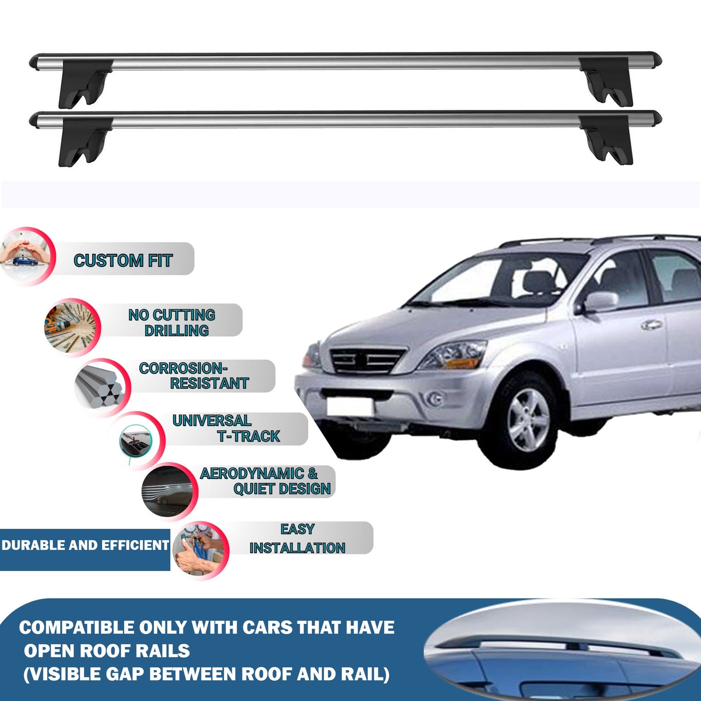 Lockable Roof Rack Cross Bars for Kia Sorento BL 2002-2009 | Heavy Duty Rail Carrier 2 Pcs Grey