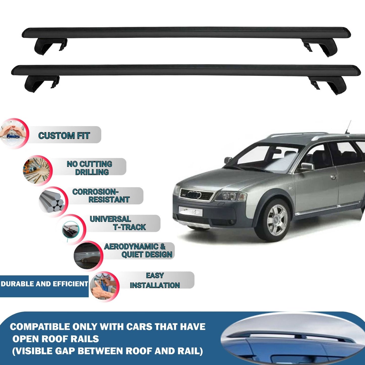 Roof Rack Cross Bars for Audi A6 Allroad Quattro C5 1999-2005 Rail Carrier for Roof Tents 2 Pcs Black