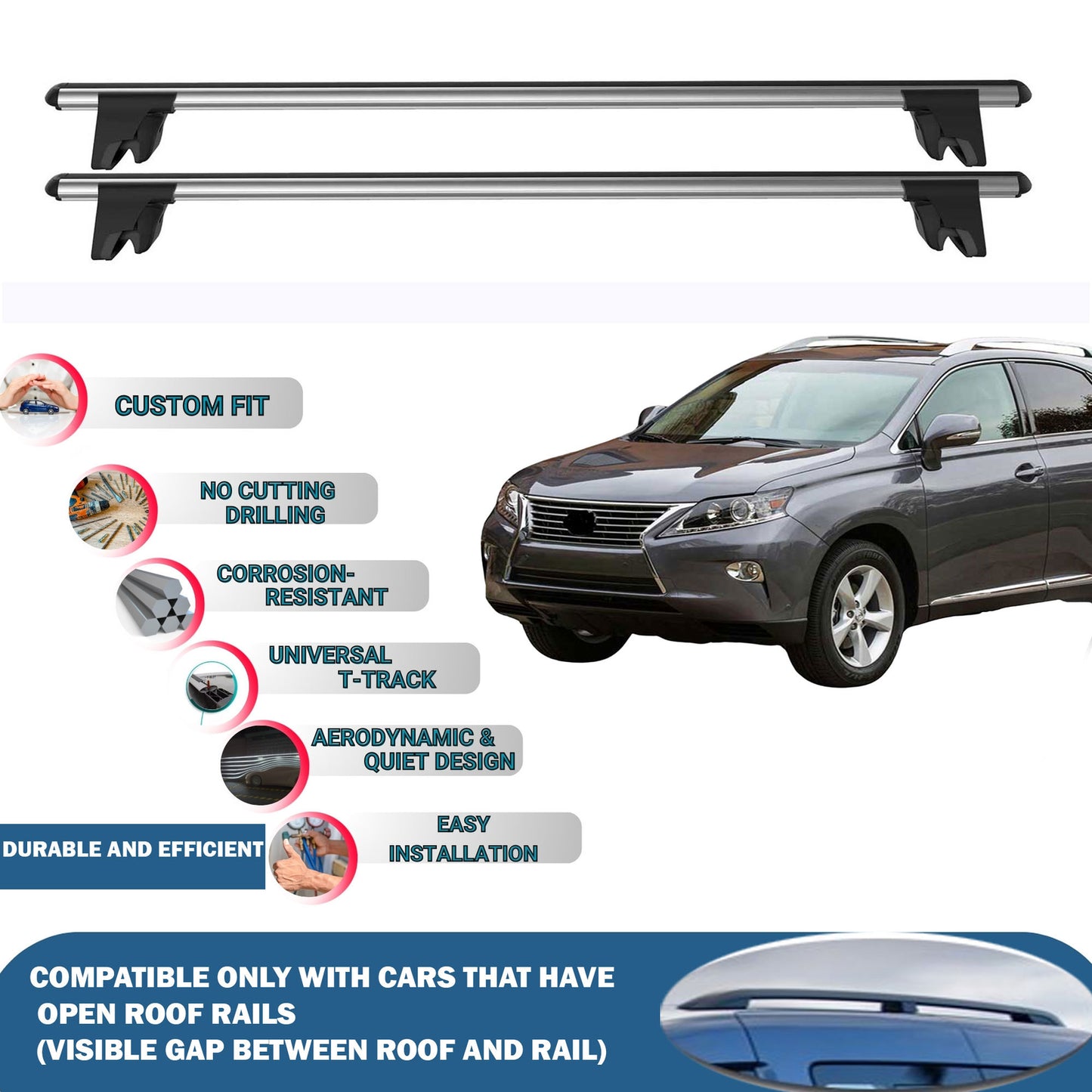Lockable Roof Rack Cross Bars for Lexus Rx350-2/Rx350 3 Suv 2008-2015 | Heavy Duty Rail Carrier 2 Pcs Grey