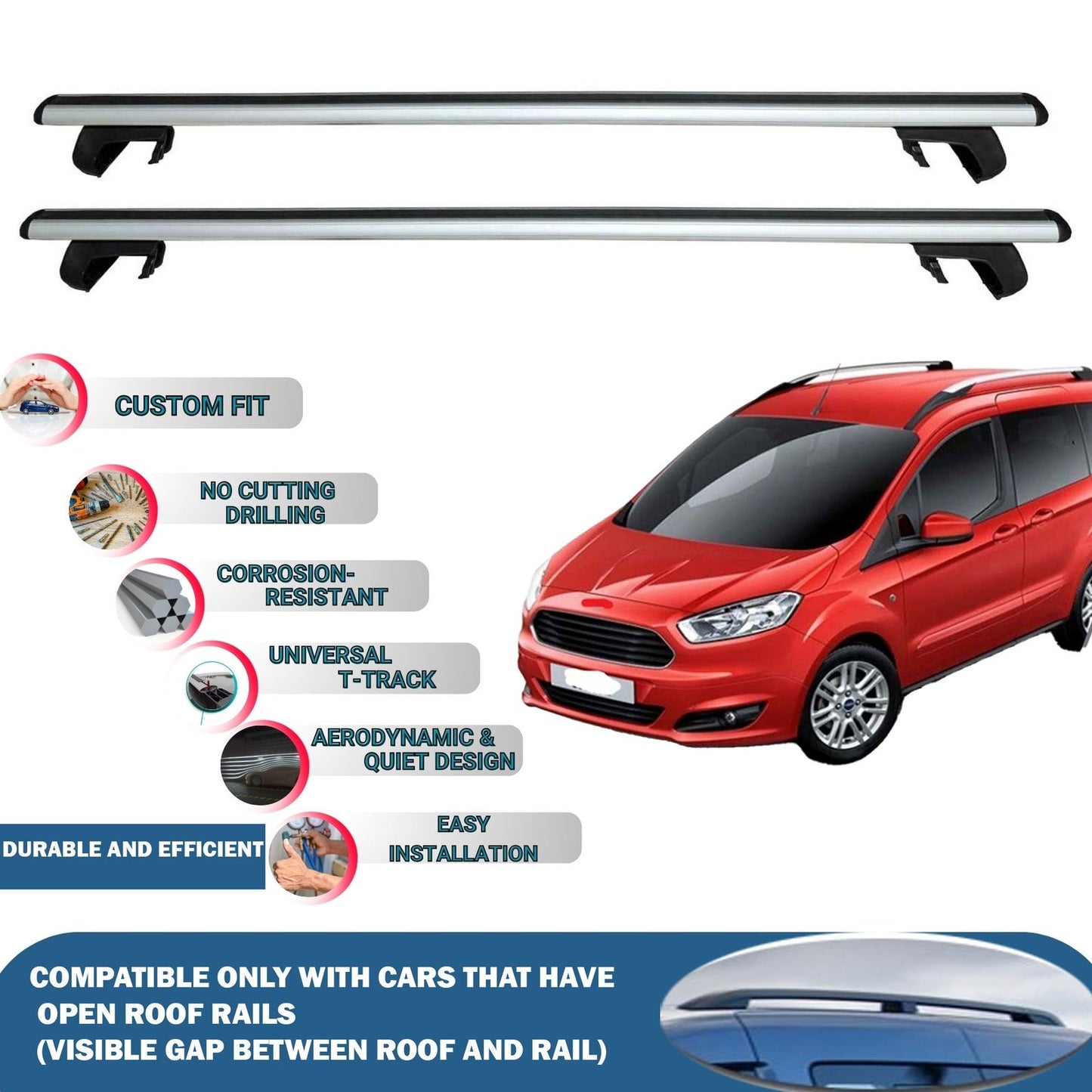 Roof Rack Cross Bars for Ford Tourneo Courier 2014-2023 Rail Carrier for Roof Tents 2 Pcs Grey