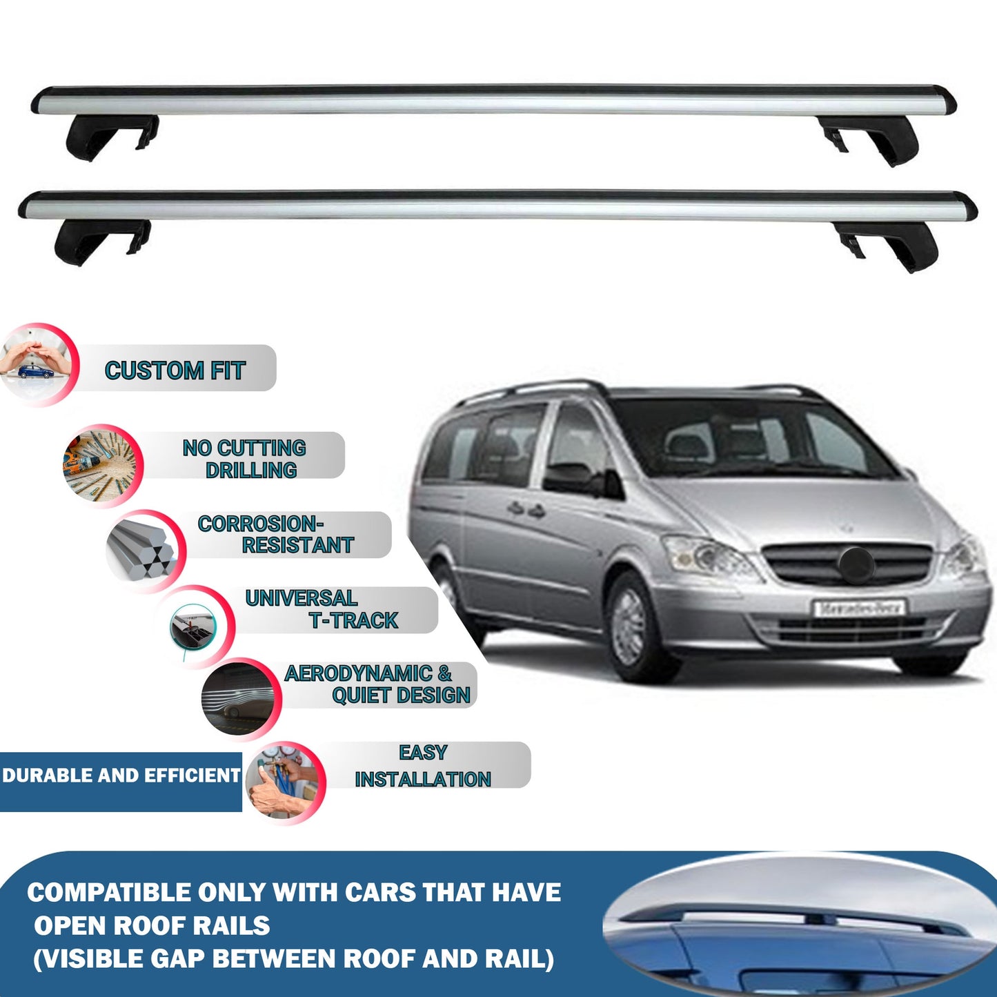 Roof Rack Cross Bars for Mercedes Benz Viano W639 2003-2014 Rail Carrier for Roof Tents 2 Pcs Grey