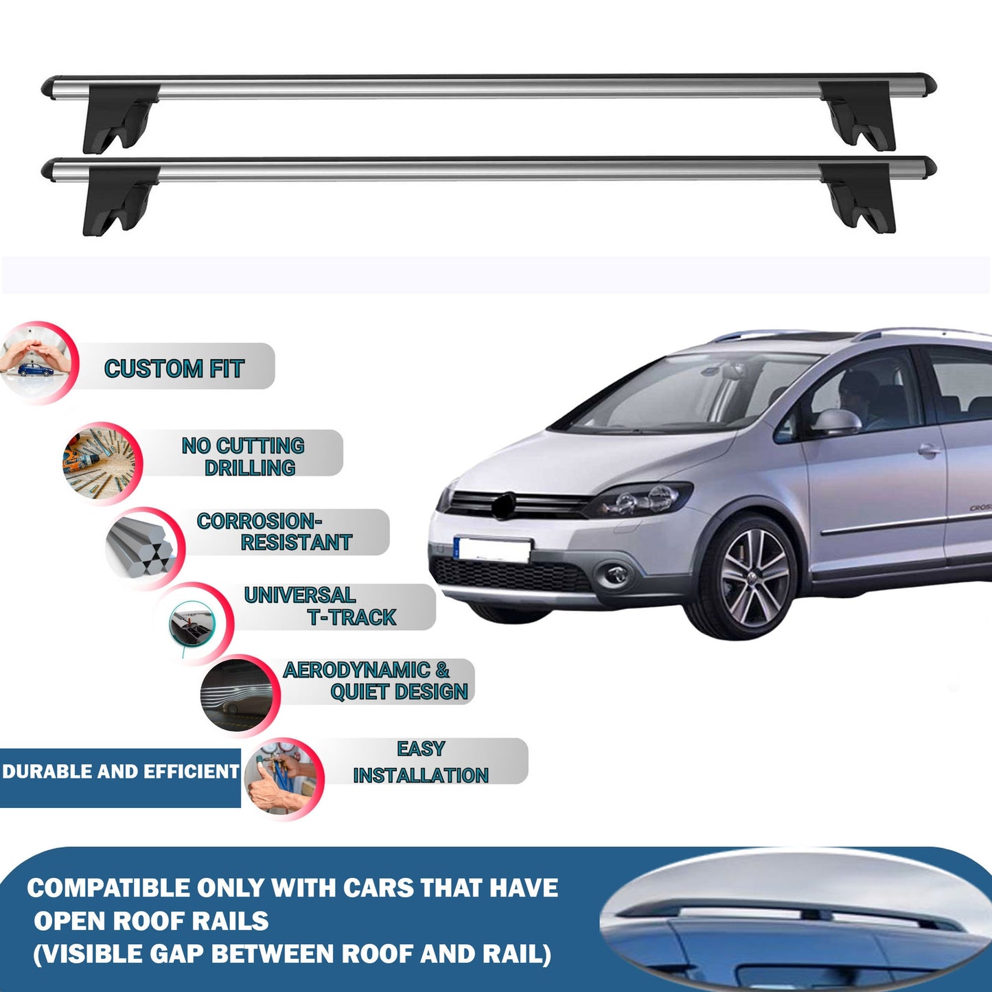 Lockable Roof Rack Cross Bars for Vw Golf Plus 2009-2014 | Heavy Duty Rail Carrier 2 Pcs Grey