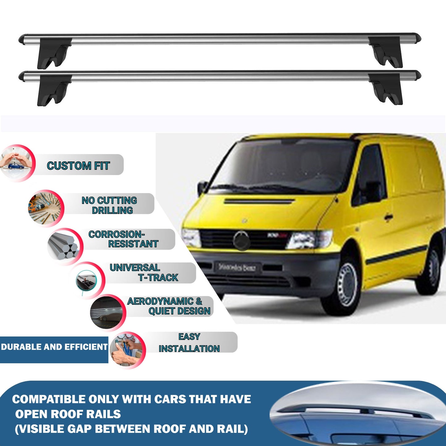 Lockable Roof Rack Cross Bars for Mercedes Vito Van 1996-2004 | Heavy Duty Rail Carrier 2 Pcs Grey