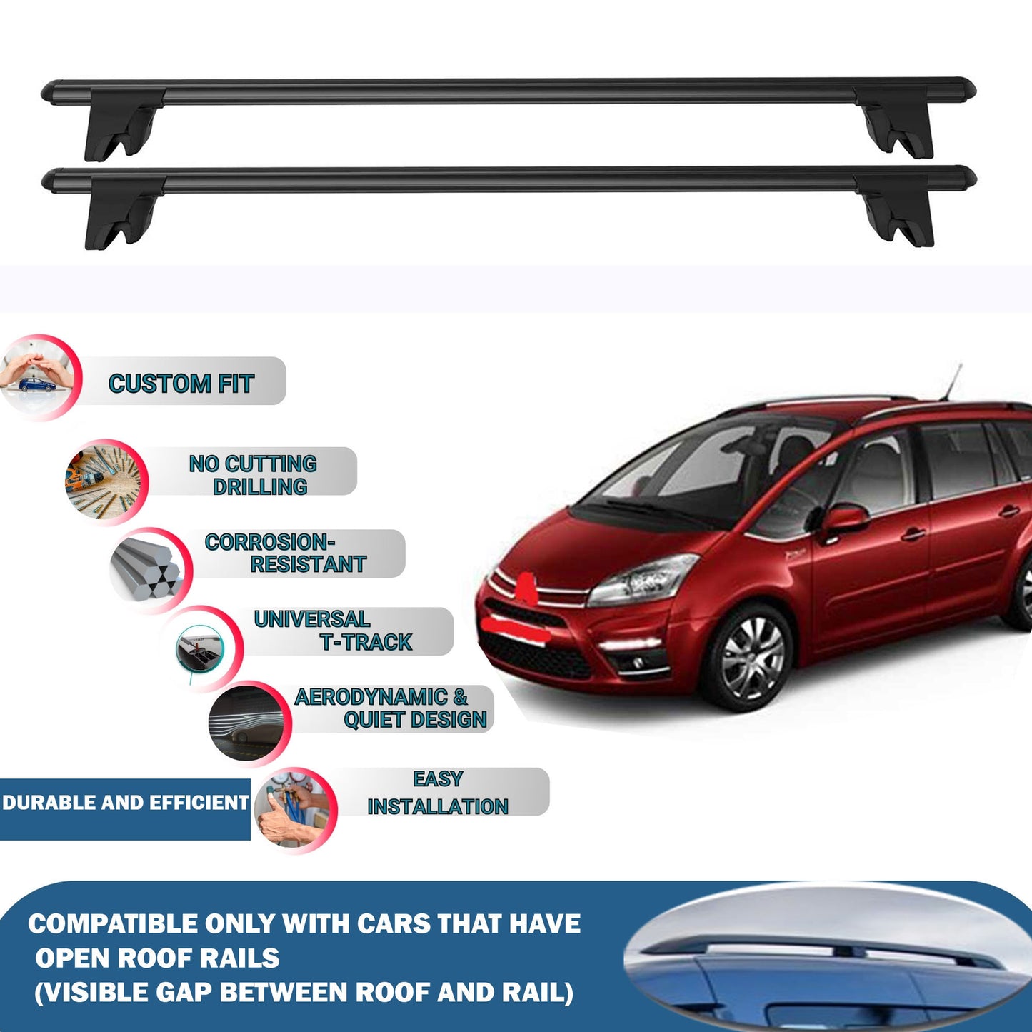 Lockable Roof Rack Cross Bars for Citroen C4 Picasso 2006-2012 | Heavy Duty Rail Carrier 2 Pcs Black