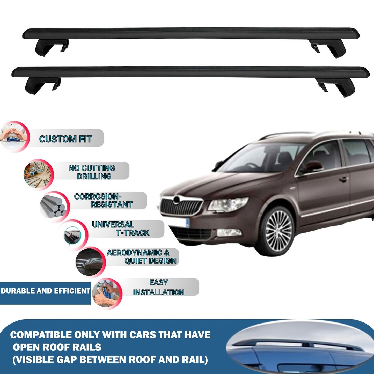 Roof Rack Cross Bars for Skoda Superb B6 Combi/Wagon 2010-2015 Rail Carrier for Roof Tents 2 Pcs Black