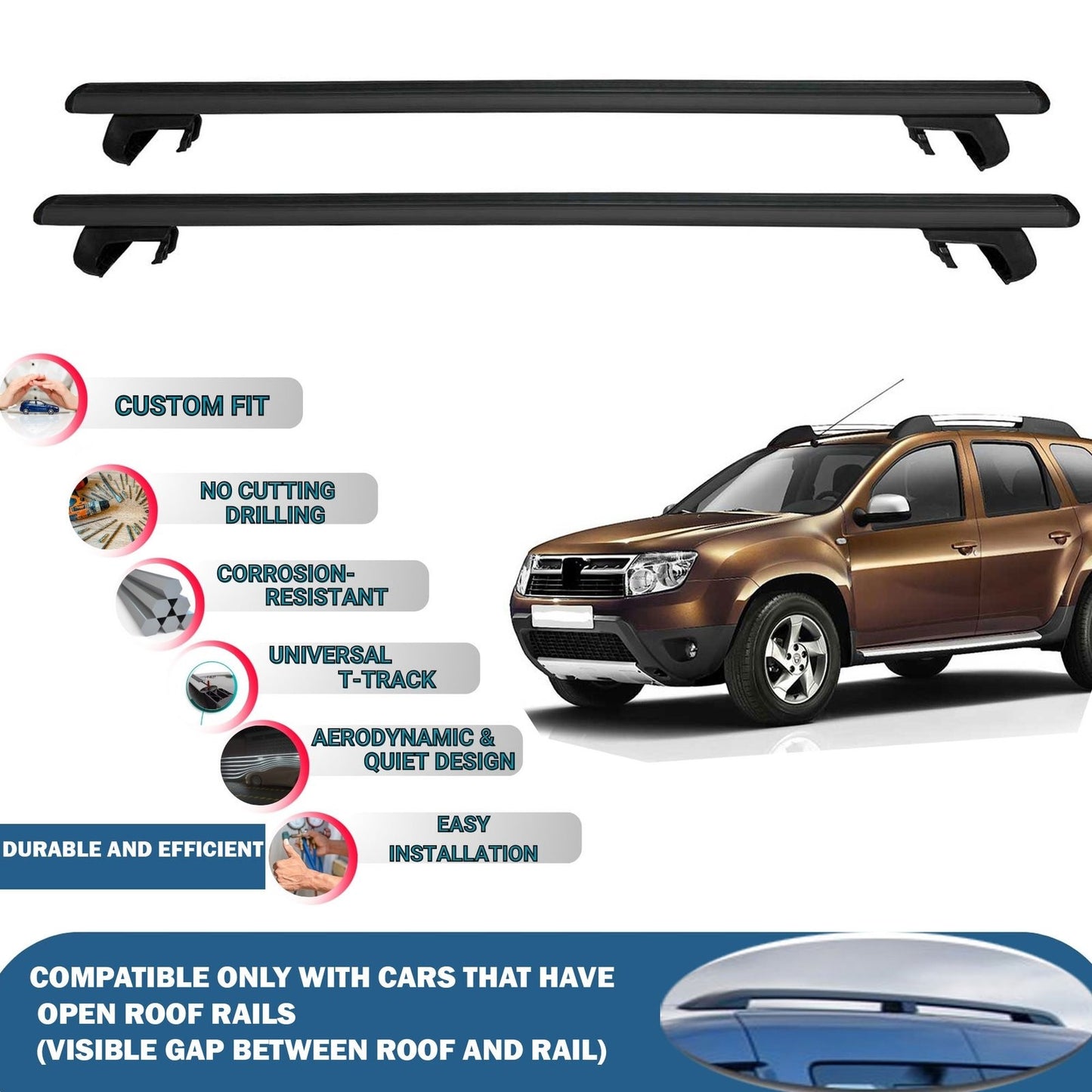Roof Rack Cross Bars for Dacia Duster Hs 2010-2013 Rail Carrier for Roof Tents 2 Pcs Black