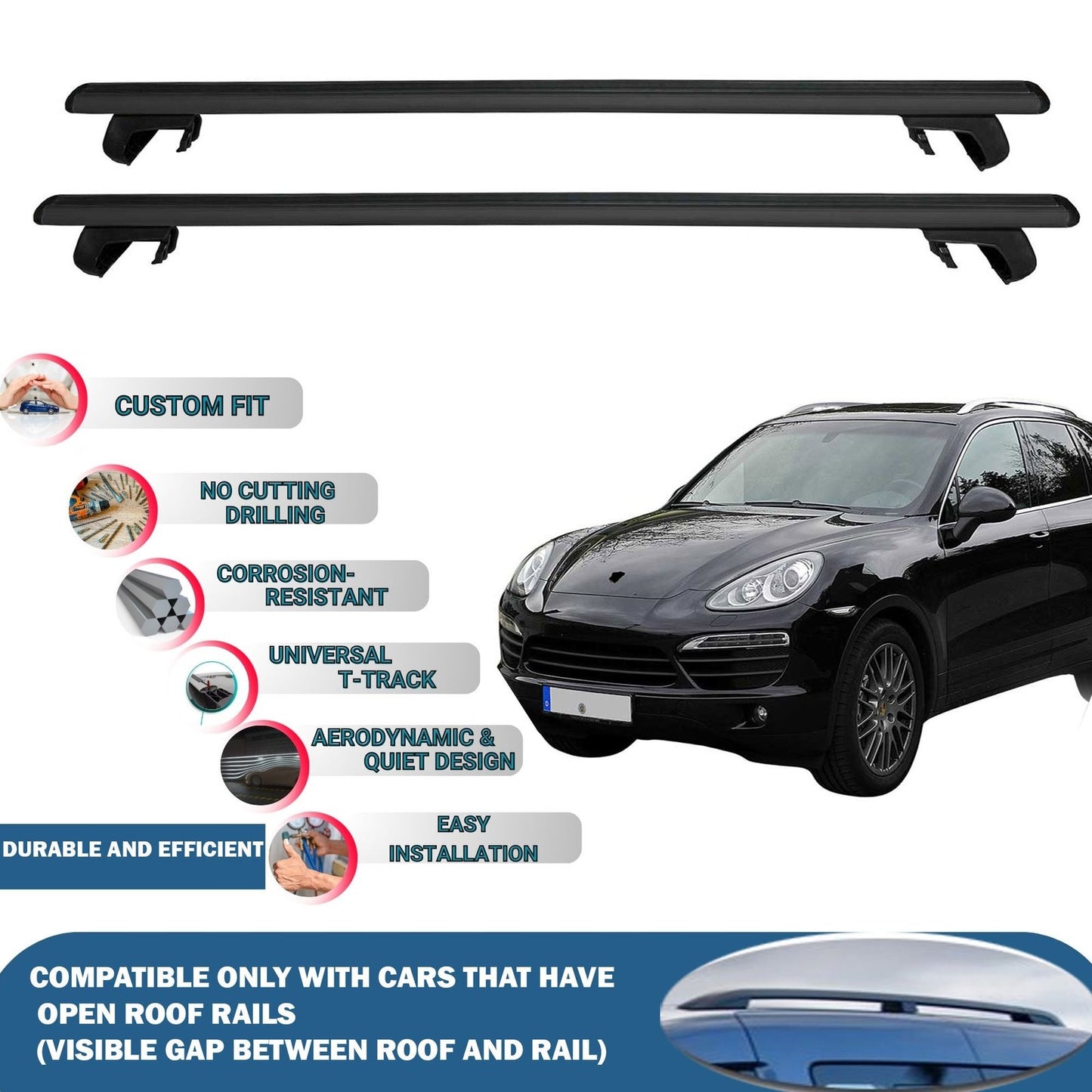 Roof Rack Cross Bars for Porsche Cayenne E2 2011-2018 Rail Carrier for Roof Tents 2 Pcs Black