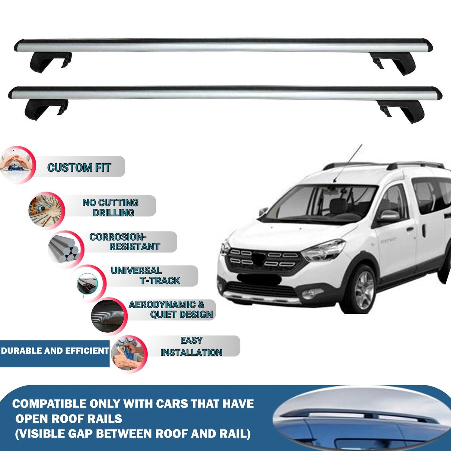 Roof Rack Cross Bars for Dacia Dokker 2012-2023 Rail Carrier for Roof Tents 2 Pcs Grey
