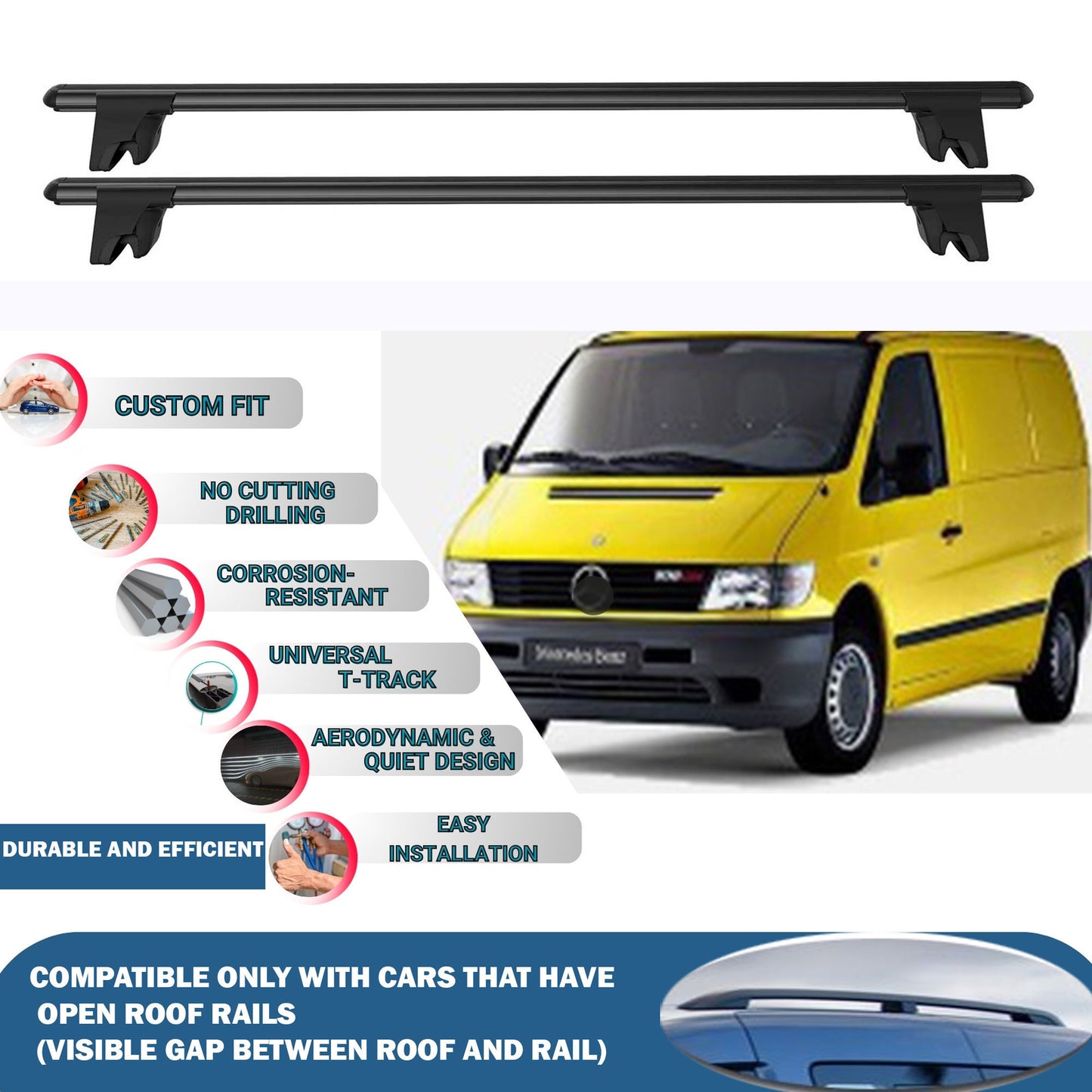 Roof Rack Cross Bars for Mercedes Vito Van 1996-2004 Kayak Roof Rack 4 Pcs Black