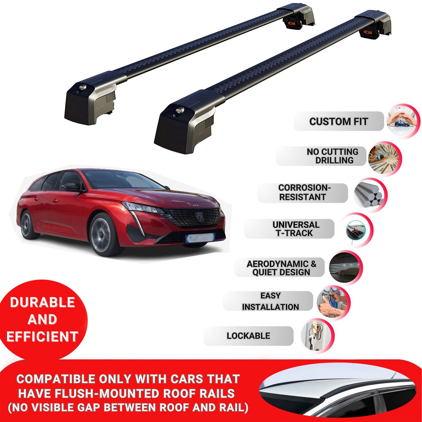 Roof Bars Rack for Peugeot 308 SW GT 2022+ Lockable Rail Carrier 2 Pcs Black