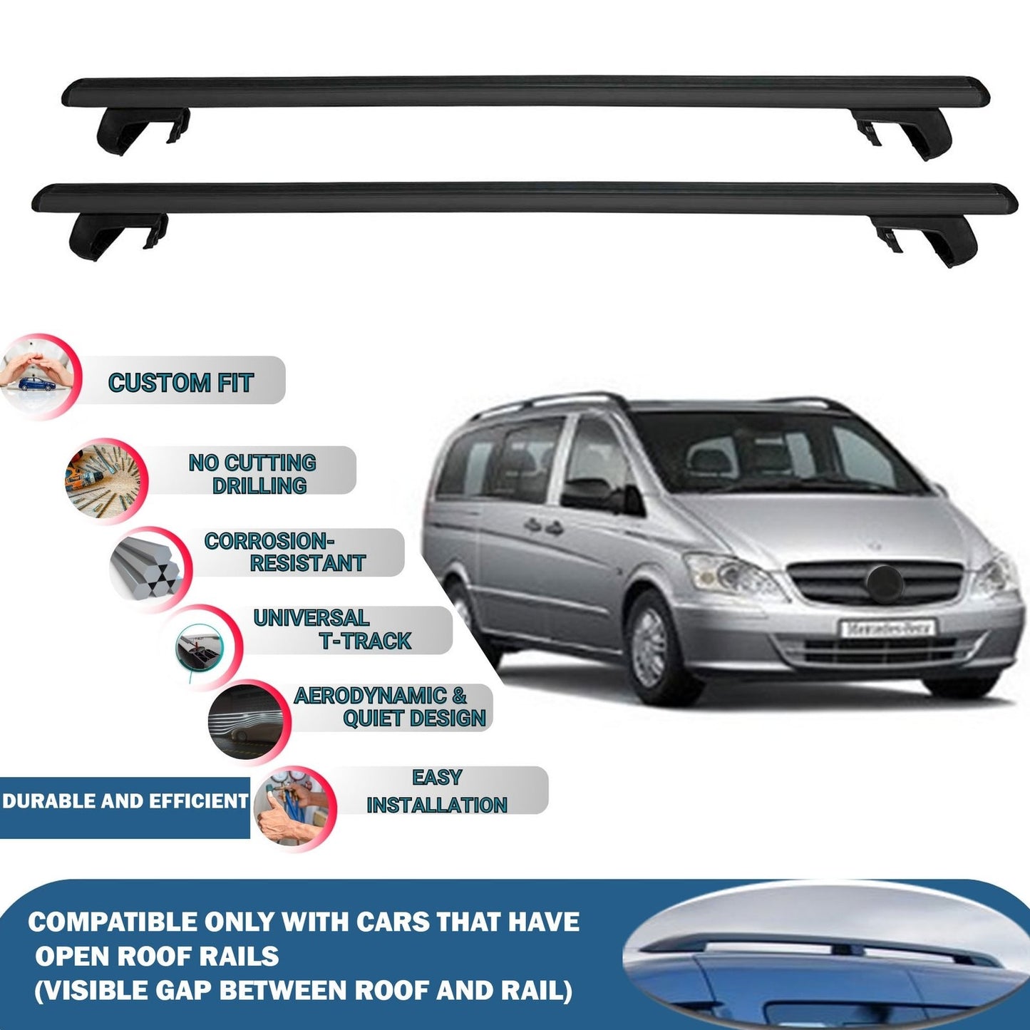 Roof Rack Cross Bars for Mercedes Benz Viano W639 2003-2014 Rail Carrier for Roof Tents 2 Pcs Black