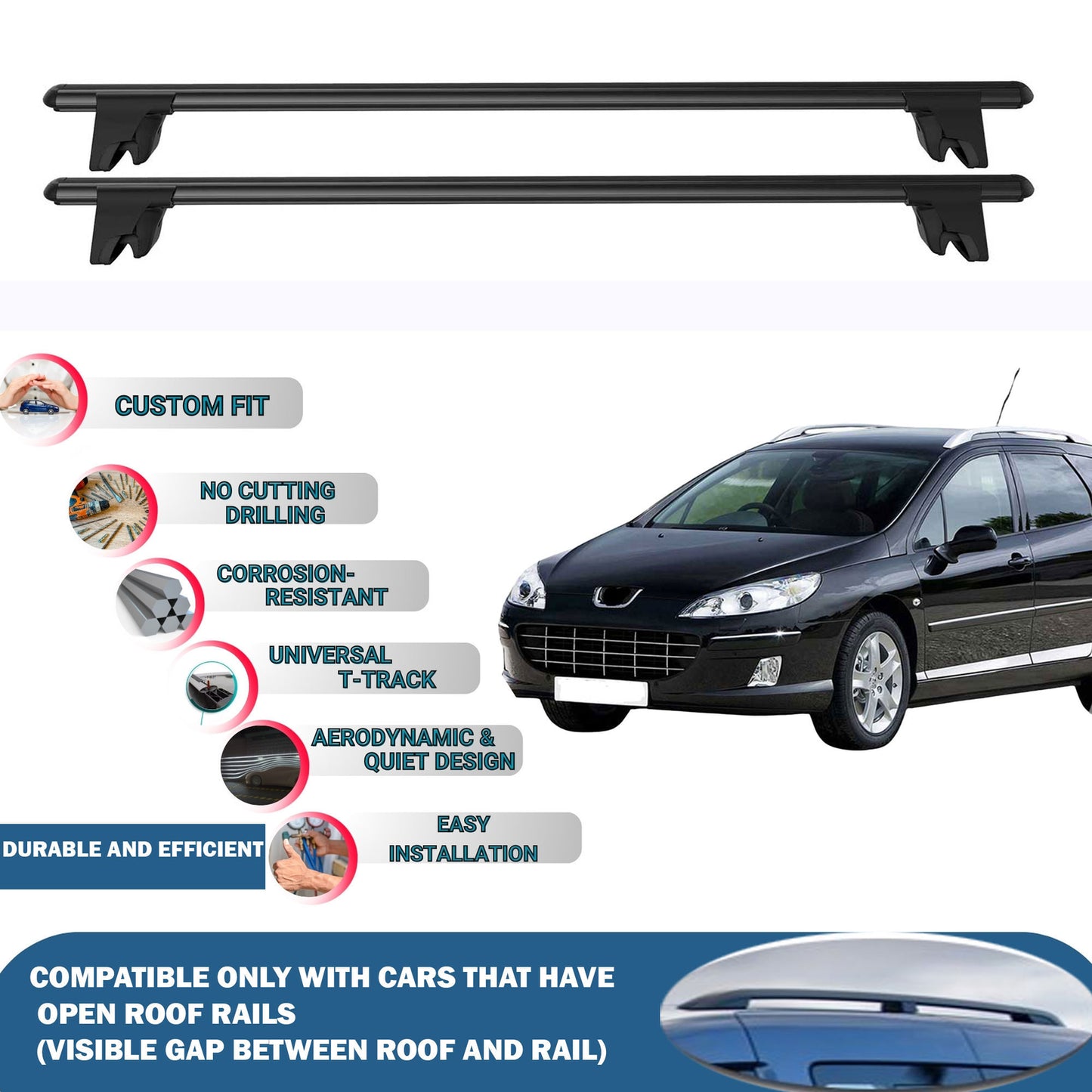 Lockable Roof Rack Cross Bars for Peugeot 407 SW 2004-2011 | Heavy Duty Rail Carrier 2 Pcs Black