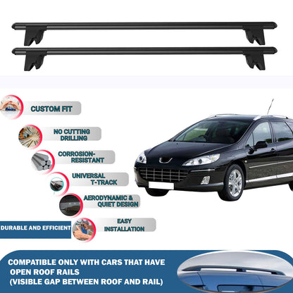 Lockable Roof Rack Cross Bars for Peugeot 407 SW 2004-2011 | Heavy Duty Rail Carrier 2 Pcs Black