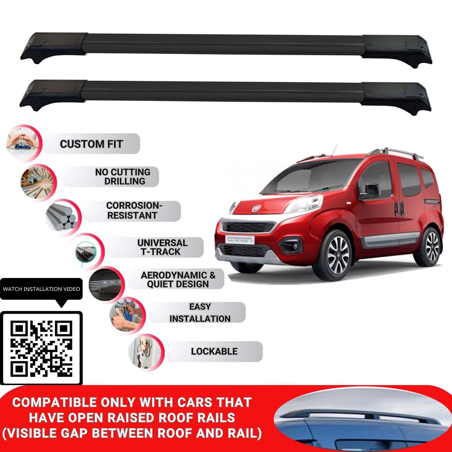Roof Rack Cross Bars for Fiat Fiorino 2008+ Lockable Roof Bars 2 Pcs Black