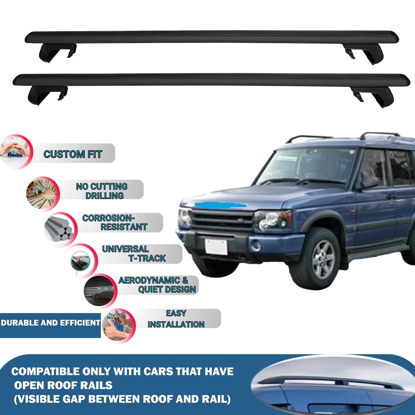 Roof Rack Cross Bars for Land Rover Discovery 5D 1998-2004 Rail Carrier for Roof Tents 2 Pcs Black