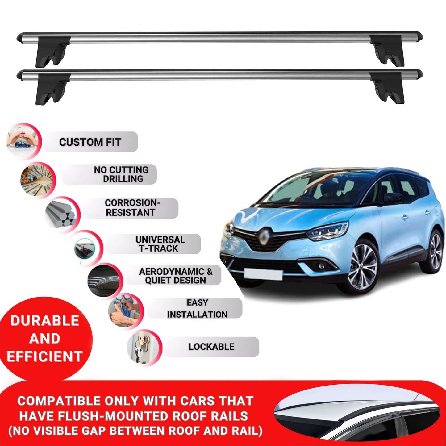 Premium Roof Bars for Renault Grand Scenic 2017-2022 Roof Rack Cross Bars 2 Pcs Grey