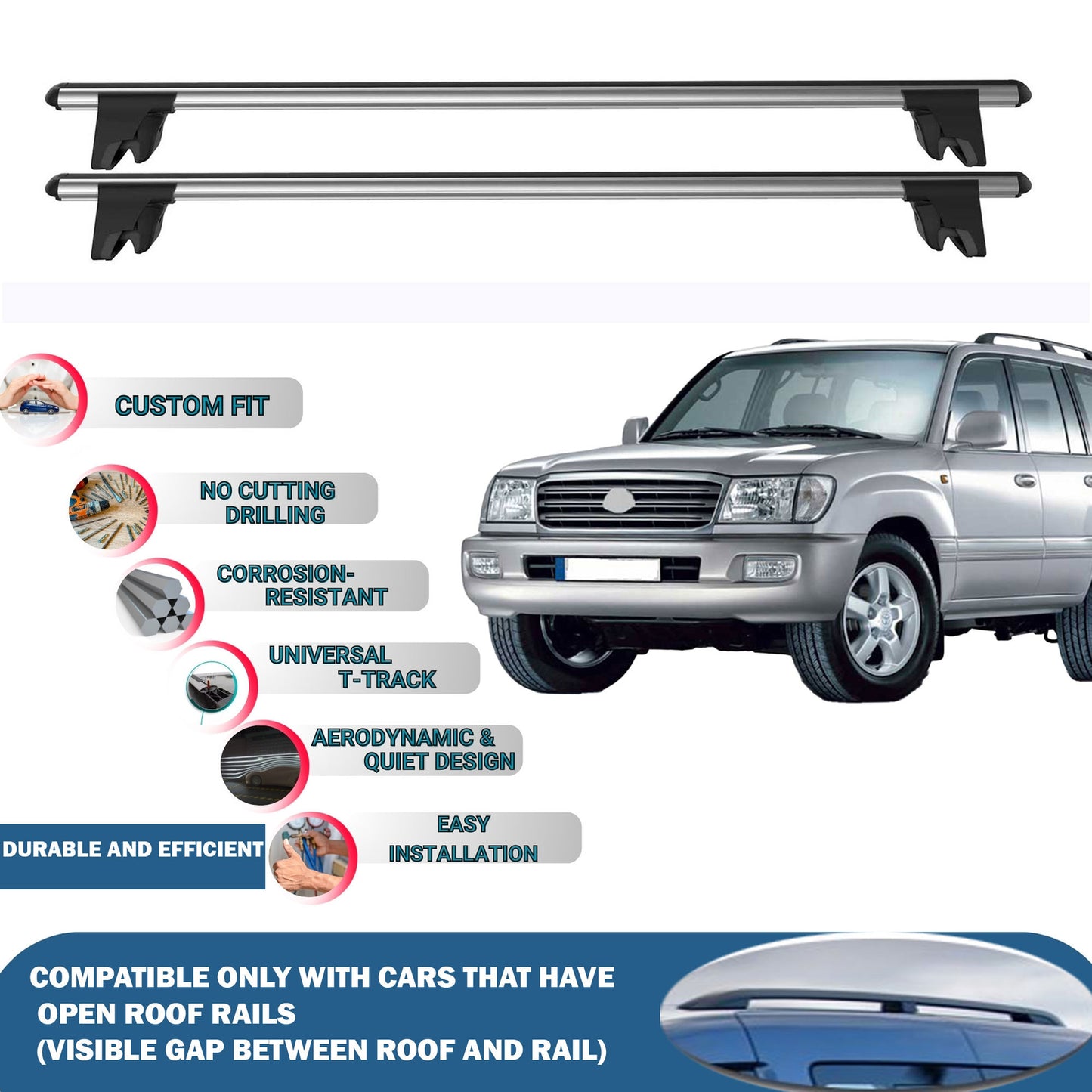 Lockable Roof Rack Cross Bars for Toyota Land Cruiser 1998-2007 | Heavy Duty Rail Carrier 2 Pcs Grey