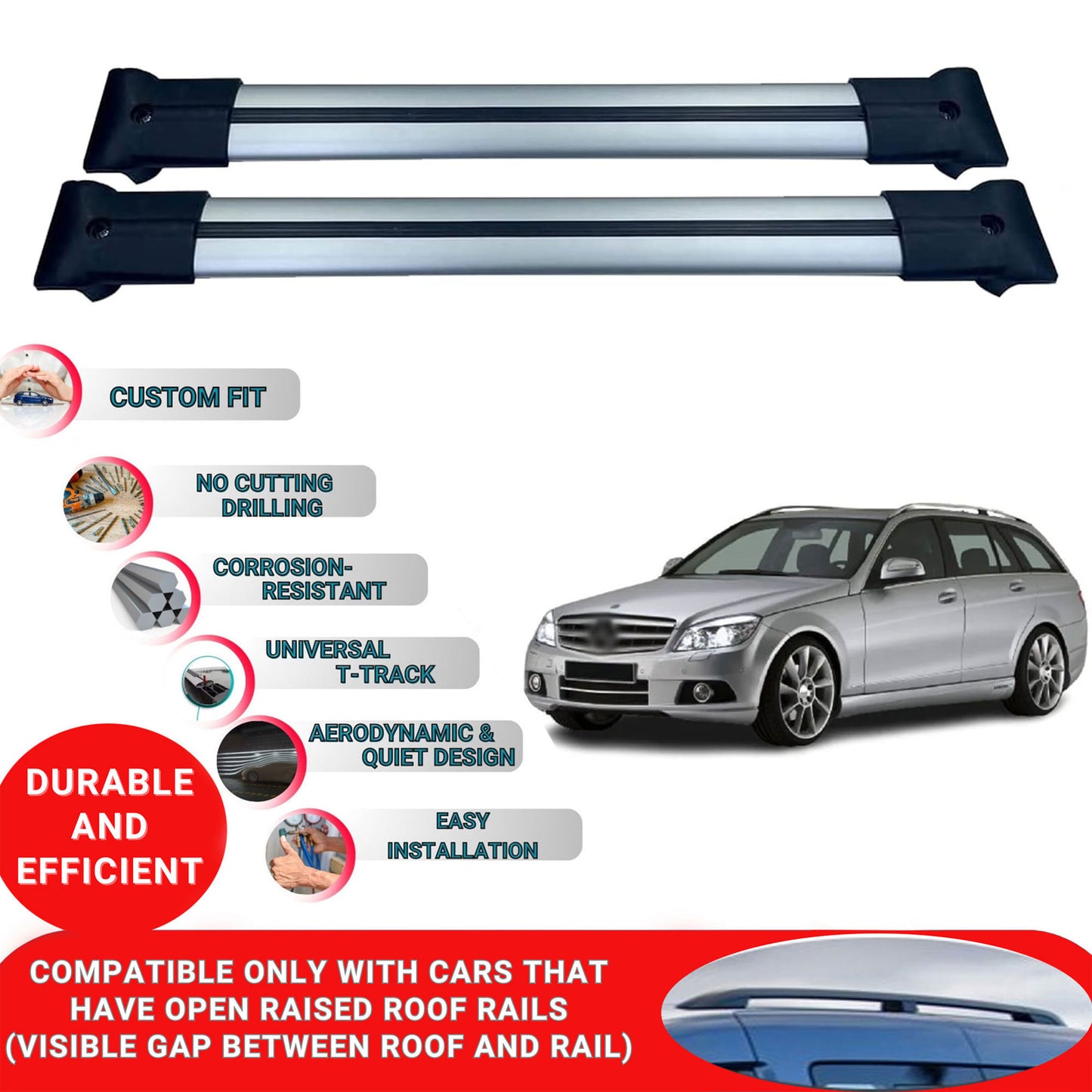 Roof Racks Cross Bars For Mercedes C Class S204 2007-2014 2 Pcs Grey