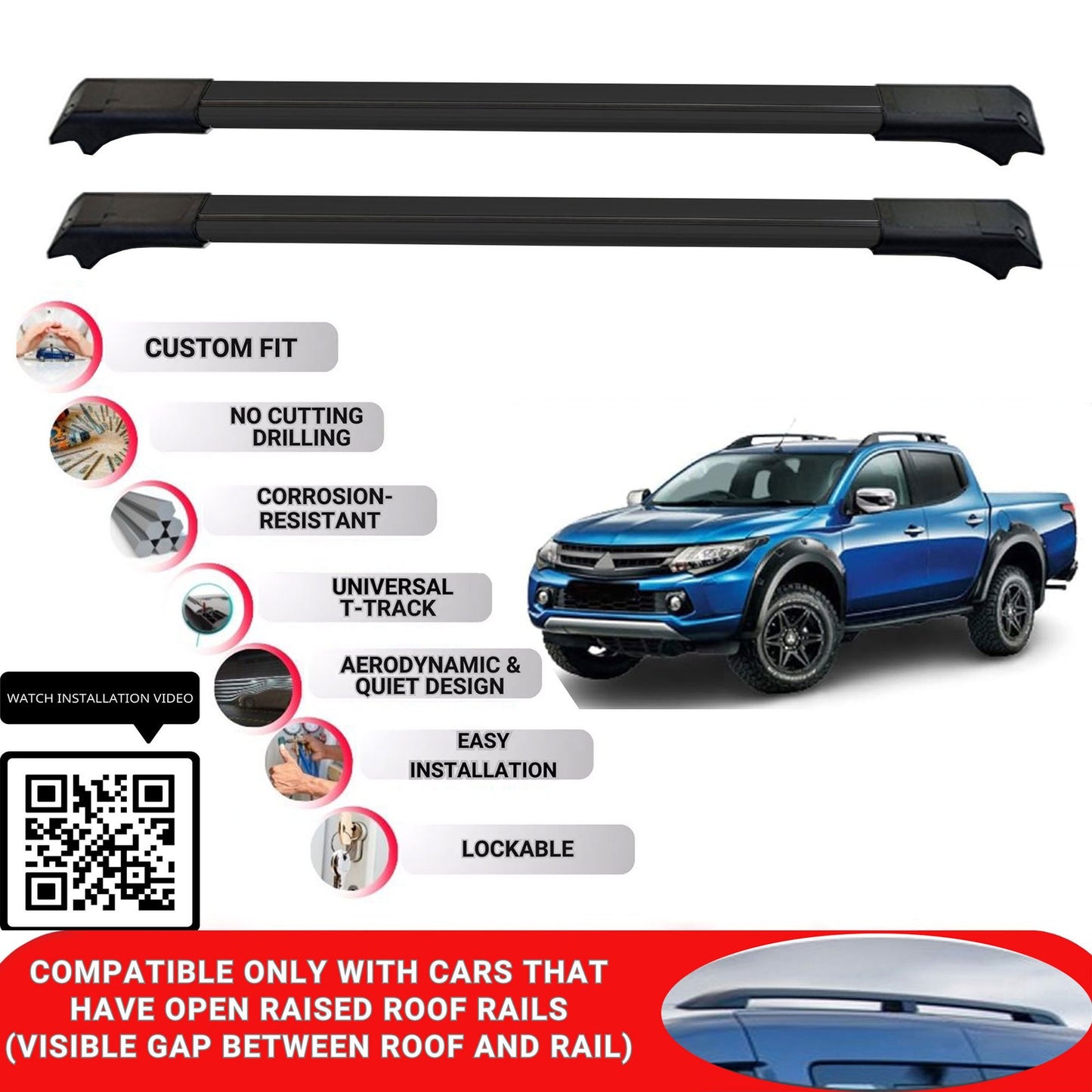 Roof Rack Cross Bars for Mitsubishi L200 2015-2023 Lockable Roof Bars 2 Pcs Black