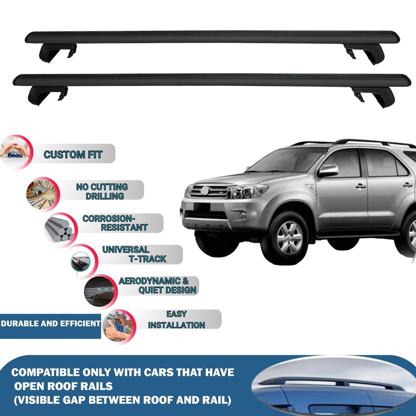 Roof Rack Cross Bars for Toyota Hilux SW4 2006-2015 Rail Carrier for Roof Tents 2 Pcs Black