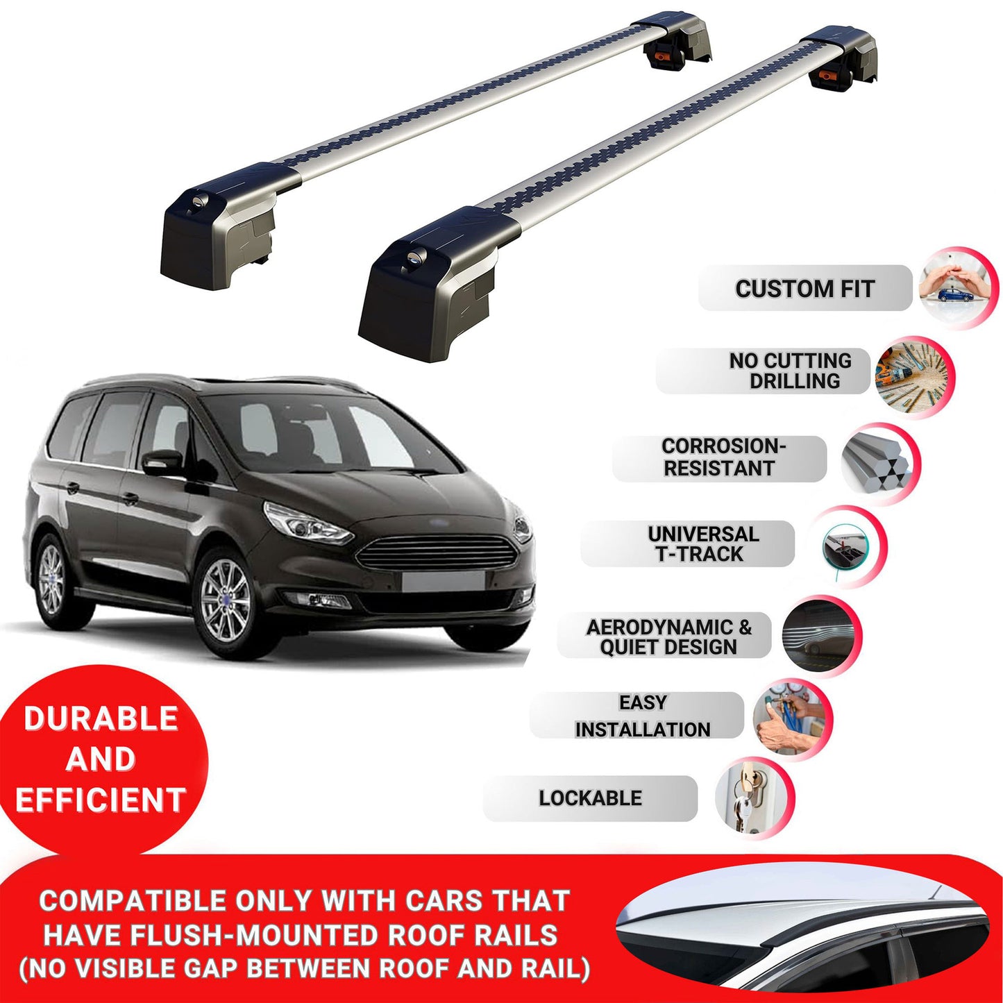 Roof Bars Rack for Ford Galaxy 2016-2022 Lockable Rail Carrier 2 Pcs Grey