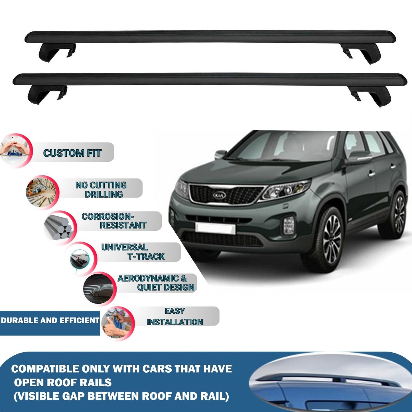 Roof Rack Cross Bars for Kia Sorento XM 2012-2020 Rail Carrier for Roof Tents 2 Pcs Black