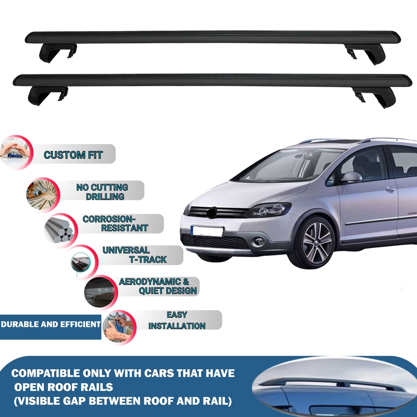 Roof Rack Cross Bars for Volkswagen Golf Plus 2009-2014 Rail Carrier for Roof Tents 2 Pcs Black