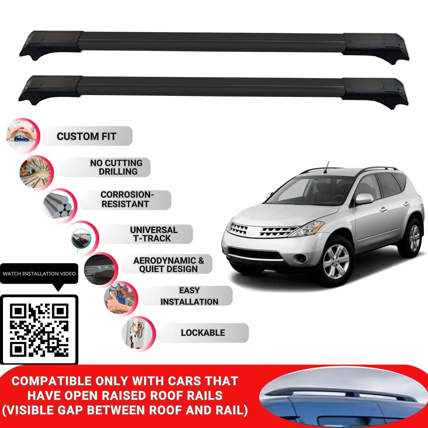 Roof Rack Cross Bars for Nissan Murano 2003-2014 Lockable Roof Bars 2 Pcs Black