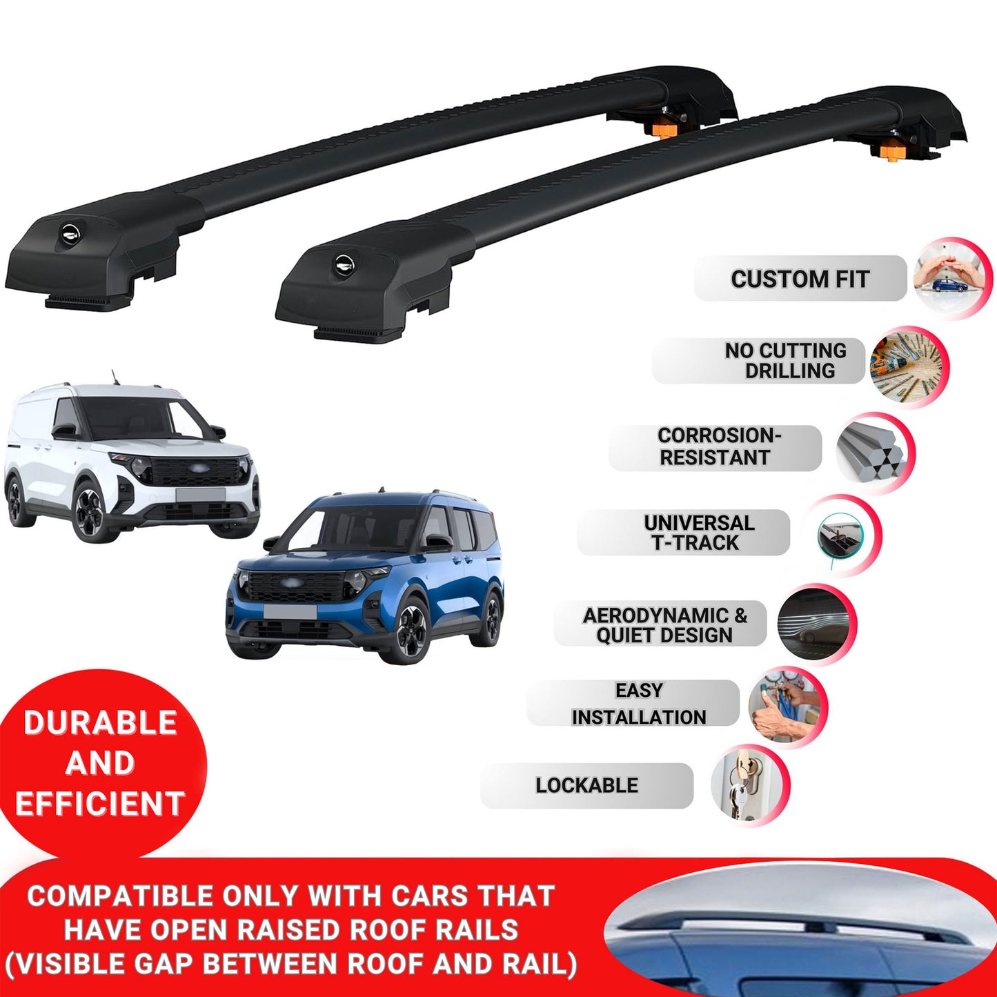 Roof Bar for Ford T.Tourneo Courier 2023 + Lockable Roof Rack Cross Bars 2 Pcs Black