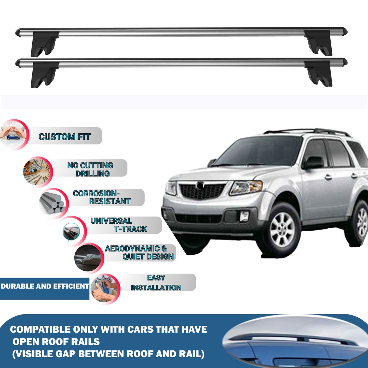 Lockable Roof Rack Cross Bars for Mazda Tribute 2007-2011 | Heavy Duty Rail Carrier 2 Pcs Grey