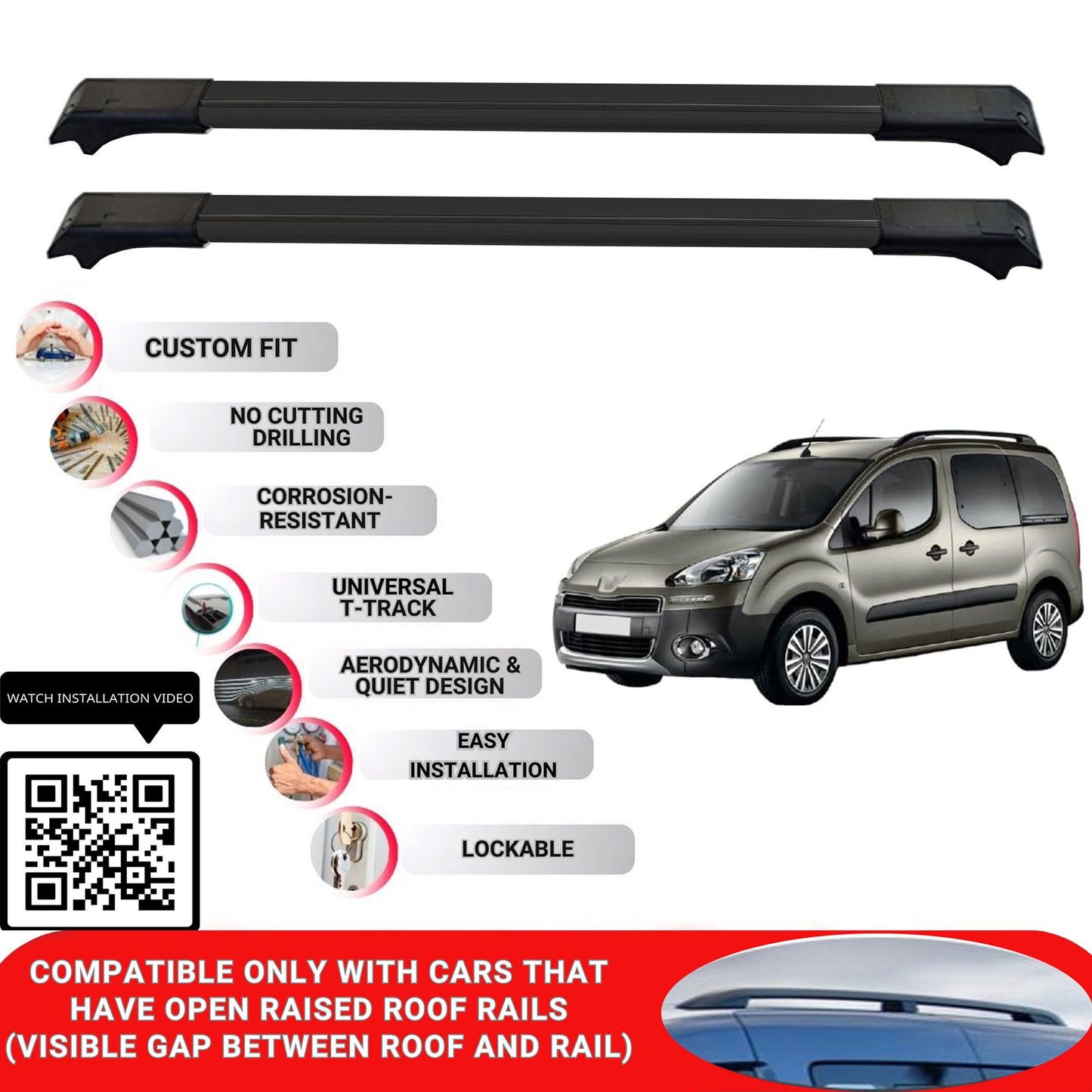 Roof Rack Cross Bars for Peugeot Partner 2008-2018 Lockable Bars 2 Pcs Black