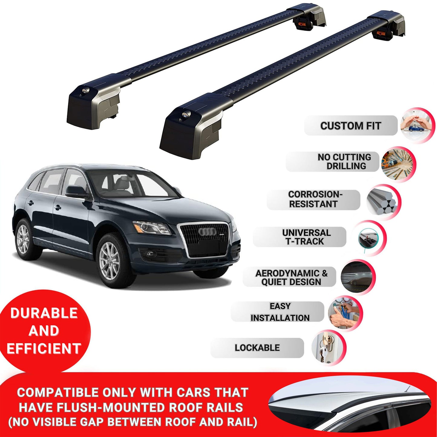 Roof Bars Rack for Audi Q5 (8R) 2009-2017 Lockable Rail Carrier 2 Pcs Black
