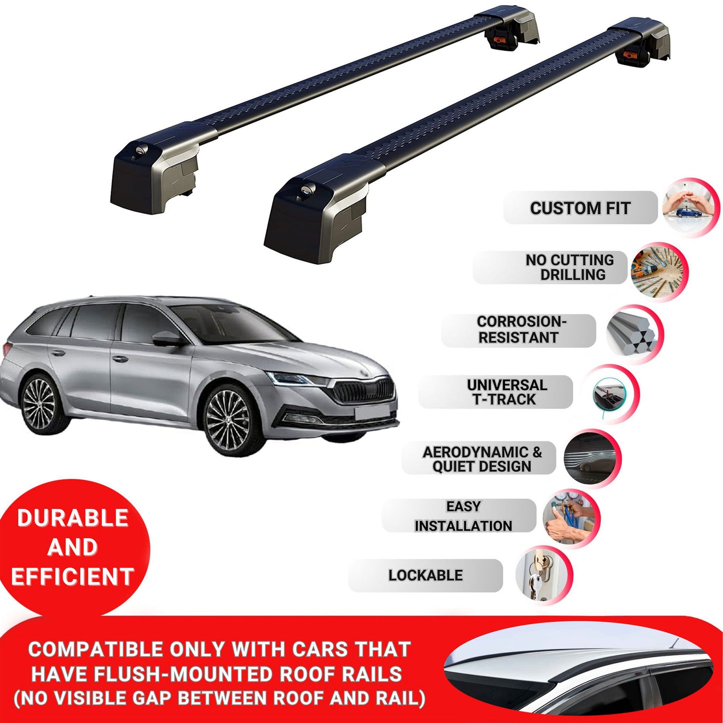 Roof Bars Rack for Skoda Octavia (NX) 2020+ Lockable Rail Carrier 2 Pcs Black