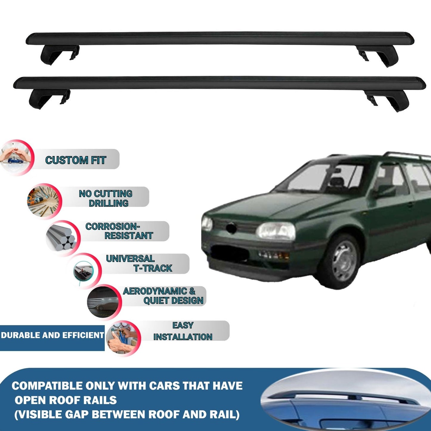 Roof Rack Cross Bars for Volkswagen Golf III Variant 1994-1998 Rail Carrier for Roof Tents 2 Pcs Black