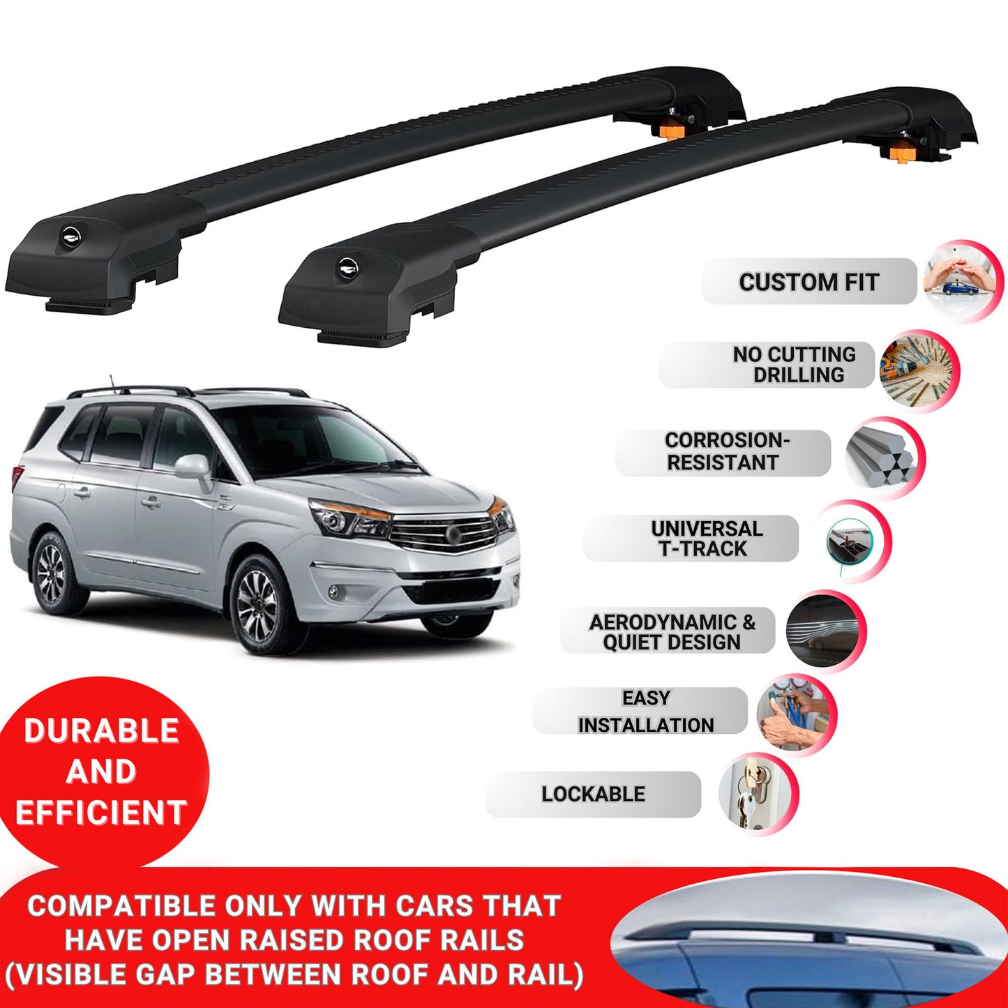 Roof Bar for Ssangyong Turismo 2013-2019 Lockable Roof Rack Cross Bars 2 Pcs Black