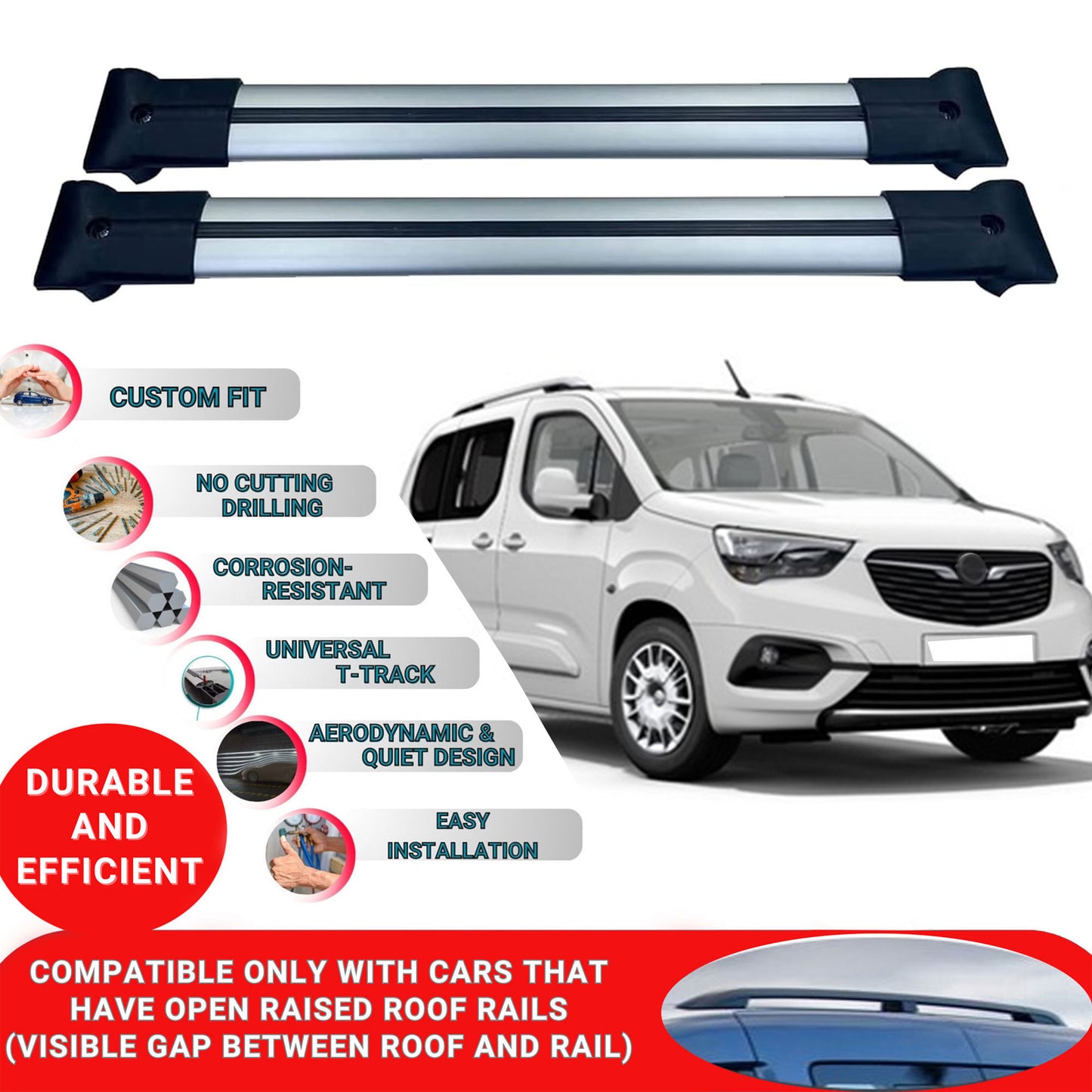 Roof Racks Cross Bars ForVauxhallCombo E Panelvan 2019-2023 4 Pcs Grey
