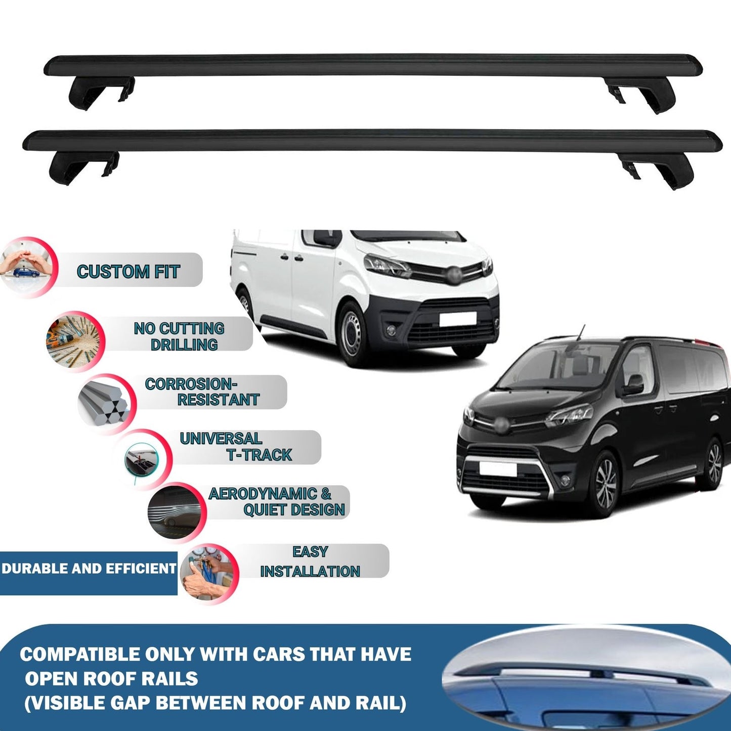 Roof Rack Cross Bars for Toyota Proace/Verso 2016-2024 Rail Carrier for Roof Tents 2 Pcs Black