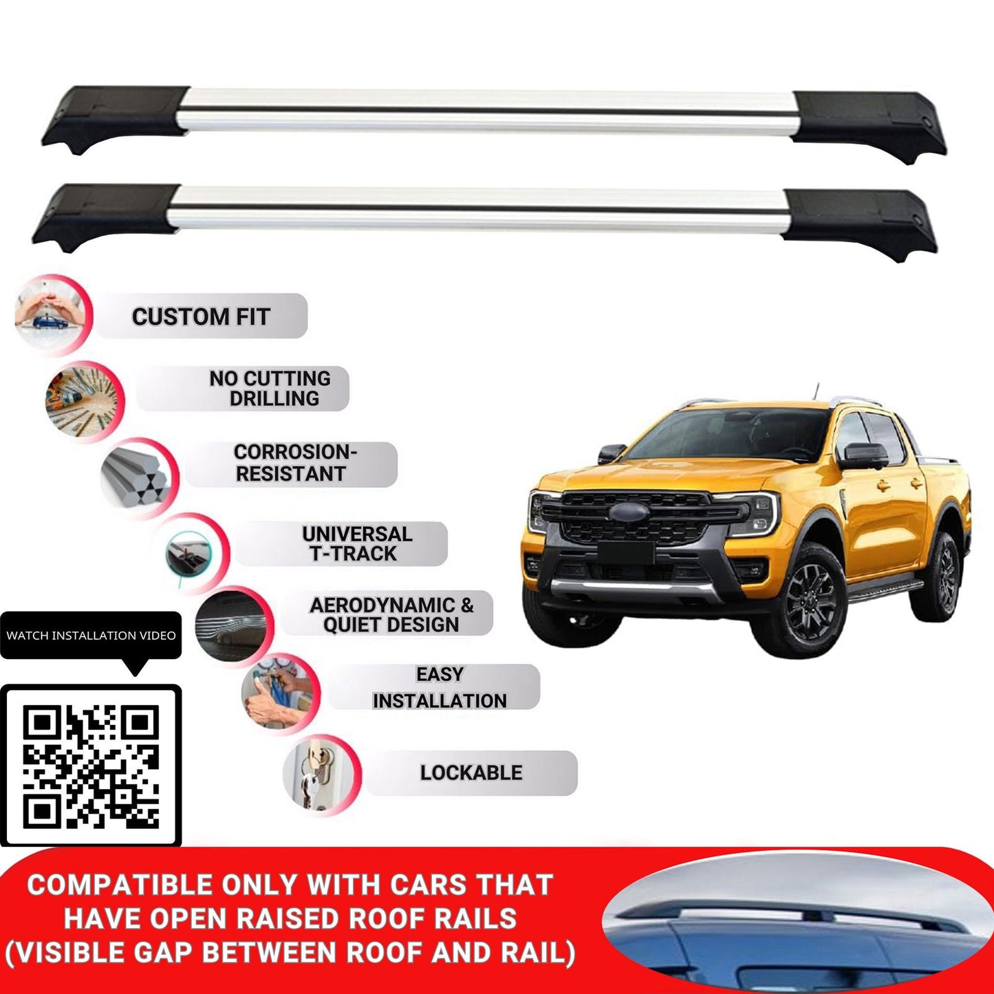 Roof Rack Cross Bars for Ford Ranger 2023+ Lockable Roof Bars 2 Pcs Grey
