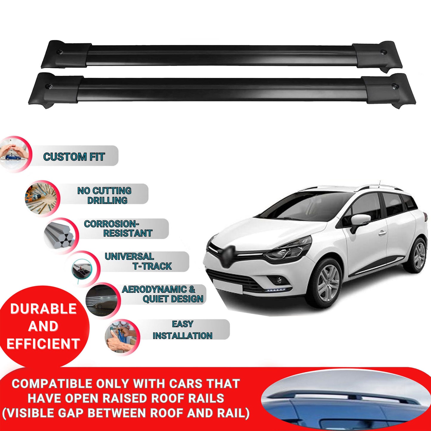 Roof Racks Cross Bars For Clio Sport Tourer Sw 2013-2018 2 Pcs Black