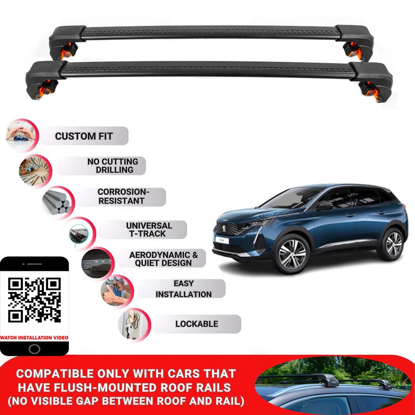 Premium Roof Bars For Peugeot 3008 Suv 2017+ Secure Roof Rack Cross Bar 2 Pcss Black