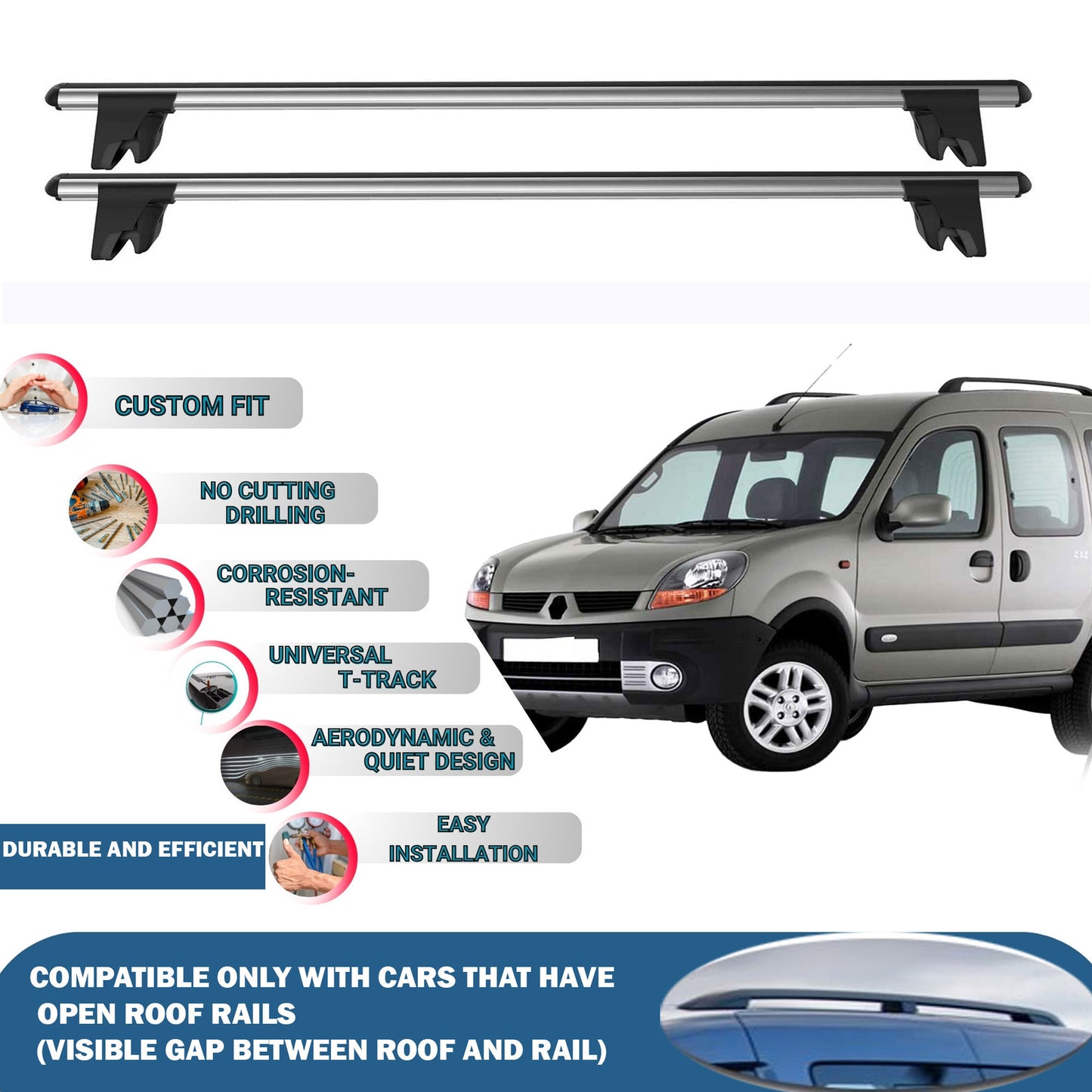 Car Roof Rack Cross Bars for Renault Kangoo 2004-2008 Kayak Roof Rack 4 Pcs Grey