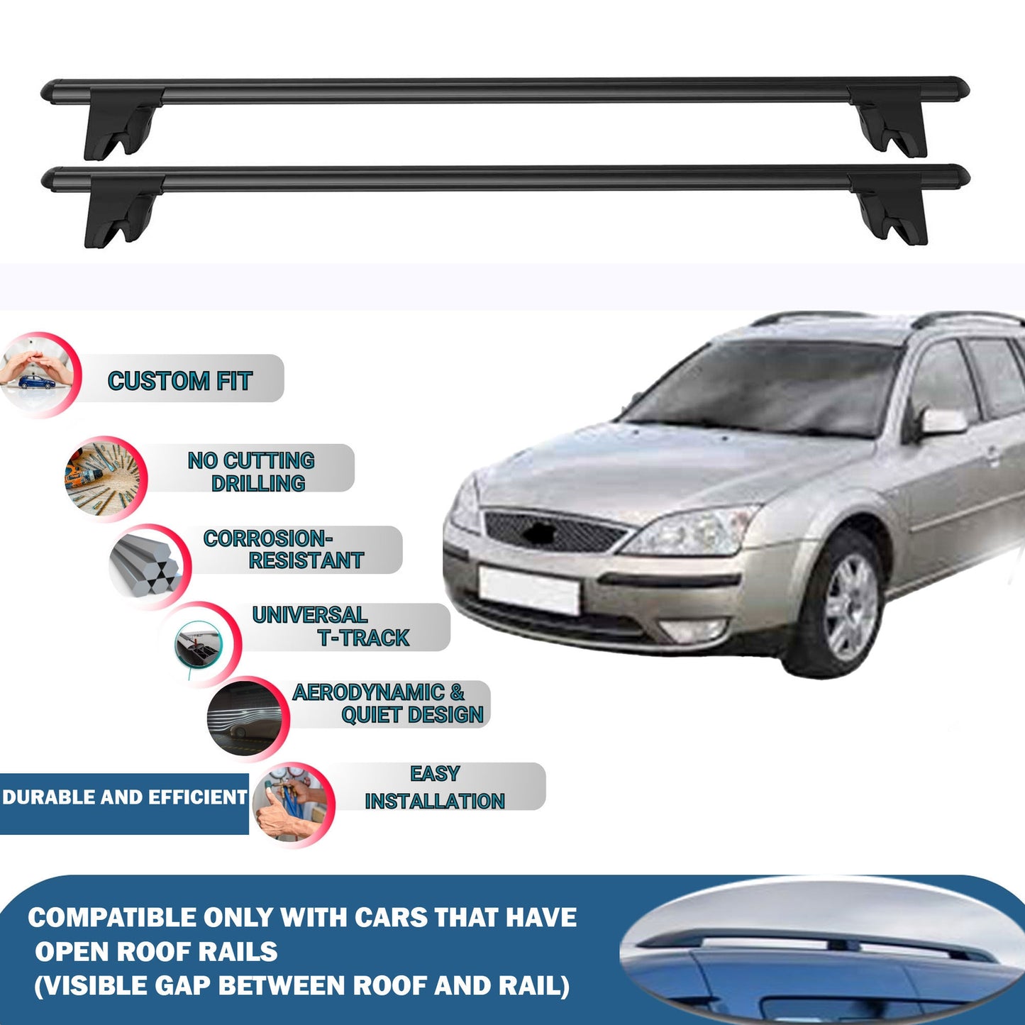 Lockable Roof Rack Cross Bars for Ford Mondeo Turnier/Estate 2001-2007 | Heavy Duty Rail Carrier 2 Pcs Black