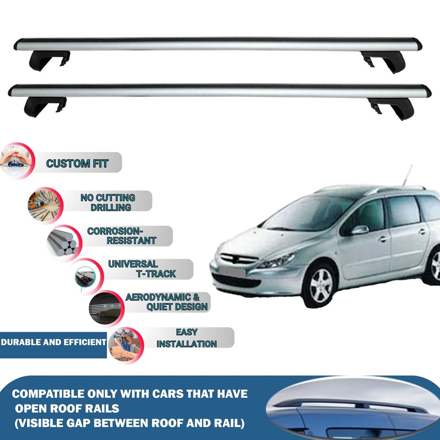 Roof Rack Cross Bars for Peugeot 307 SW 2001-2008 Rail Carrier for Roof Tents 2 Pcs Grey