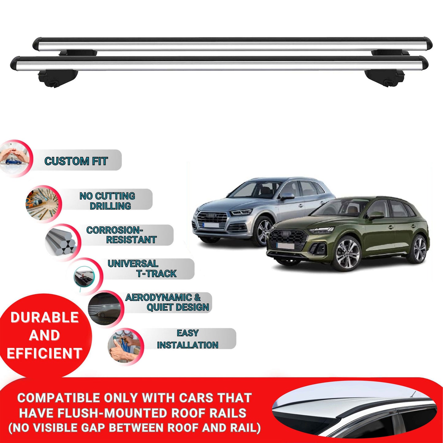 Roof Bars For Audi Q5 Mk2 2017-2023 Roof Rack Cross Bars 2 Pcs Grey