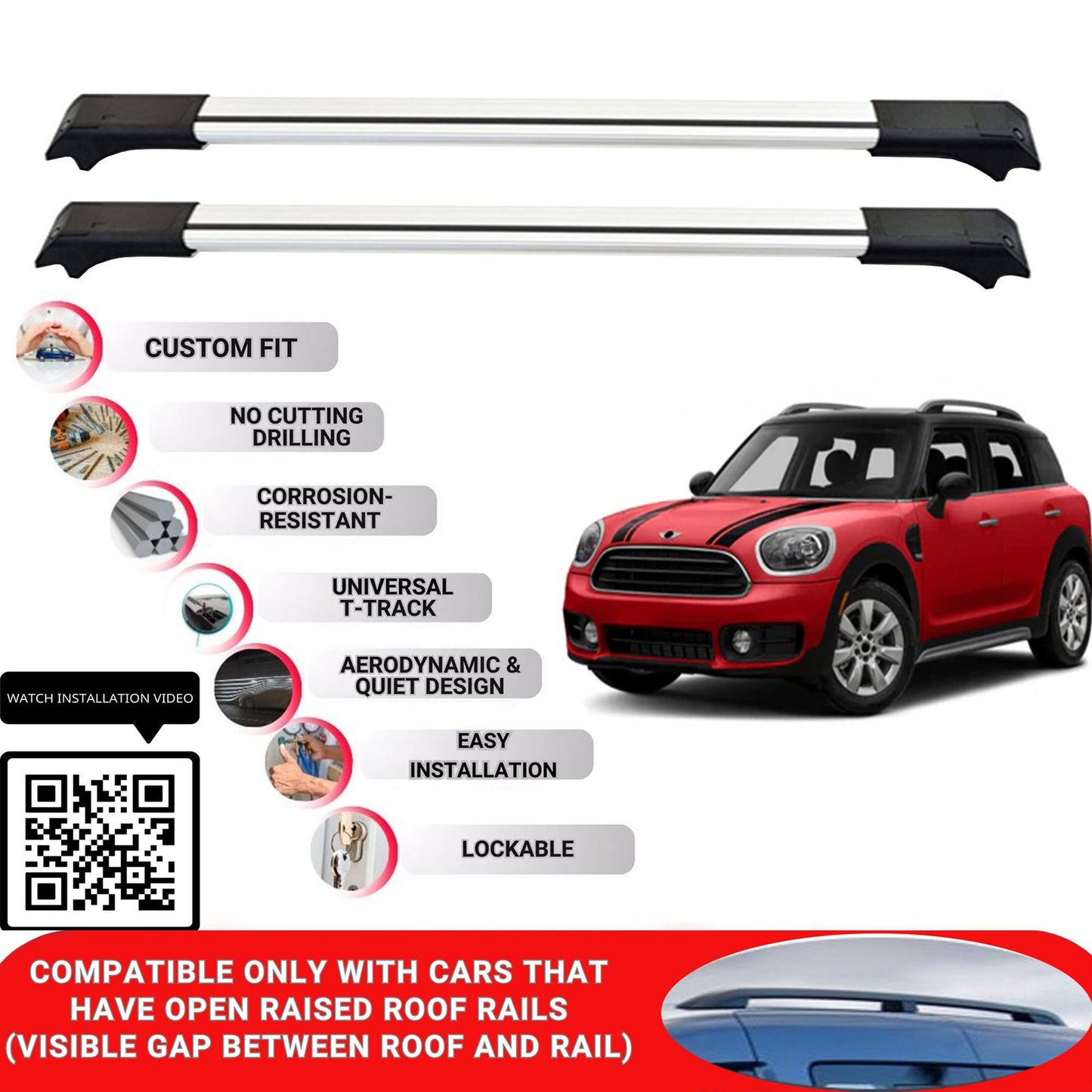 Roof Rack Cross Bars for Mini Countryman 2017-2024 Lockable Bars 2 Pcs Grey