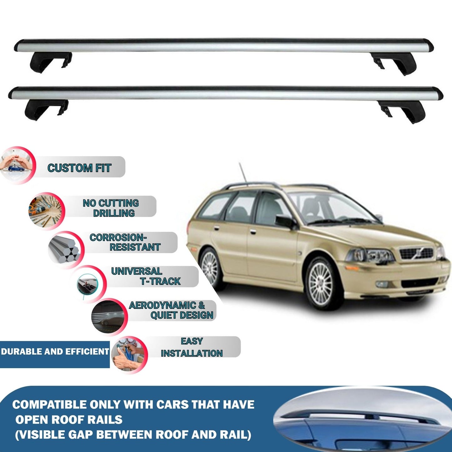 Roof Rack Cross Bars for Volvo V40 Estate 1995-2004 Rail Carrier for Roof Tents 2 Pcs Grey