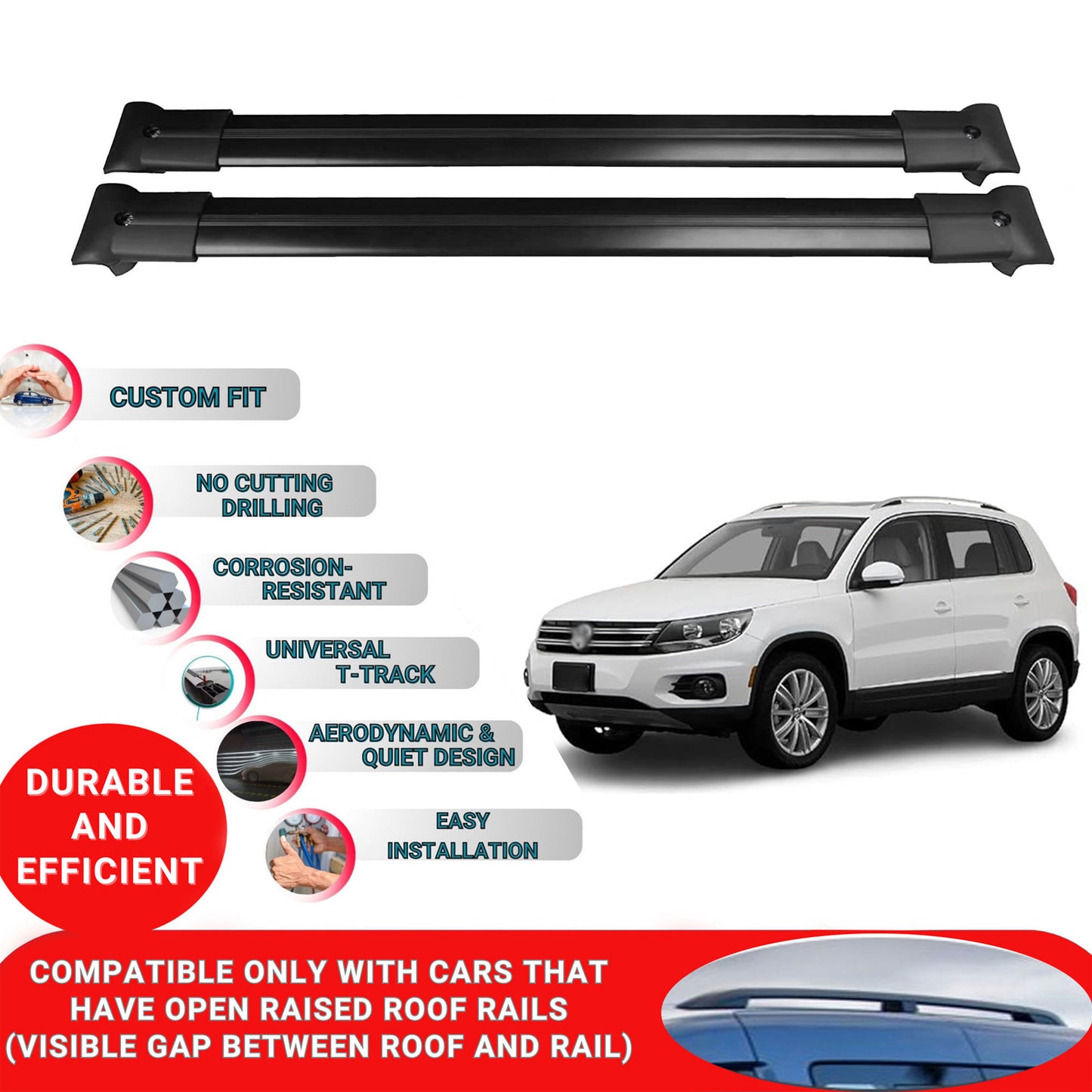 Roof Racks Cross Bars For Vw Tiguan 2017-2019 2 Pcs Black